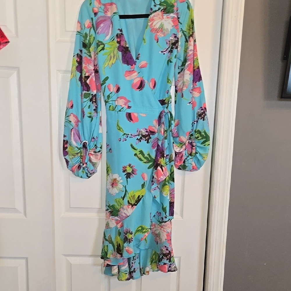 Floral Wrap Dress in Blue by [Brand]